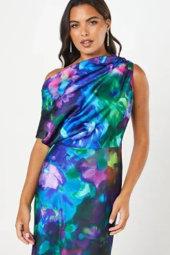 Printed One Shoulder Midi Wedding Guest Dress