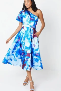 Printed One Shoulder Midi Wedding Guest Dress