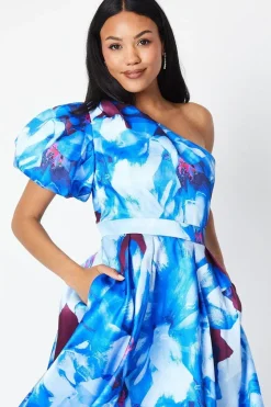 Printed One Shoulder Midi Wedding Guest Dress