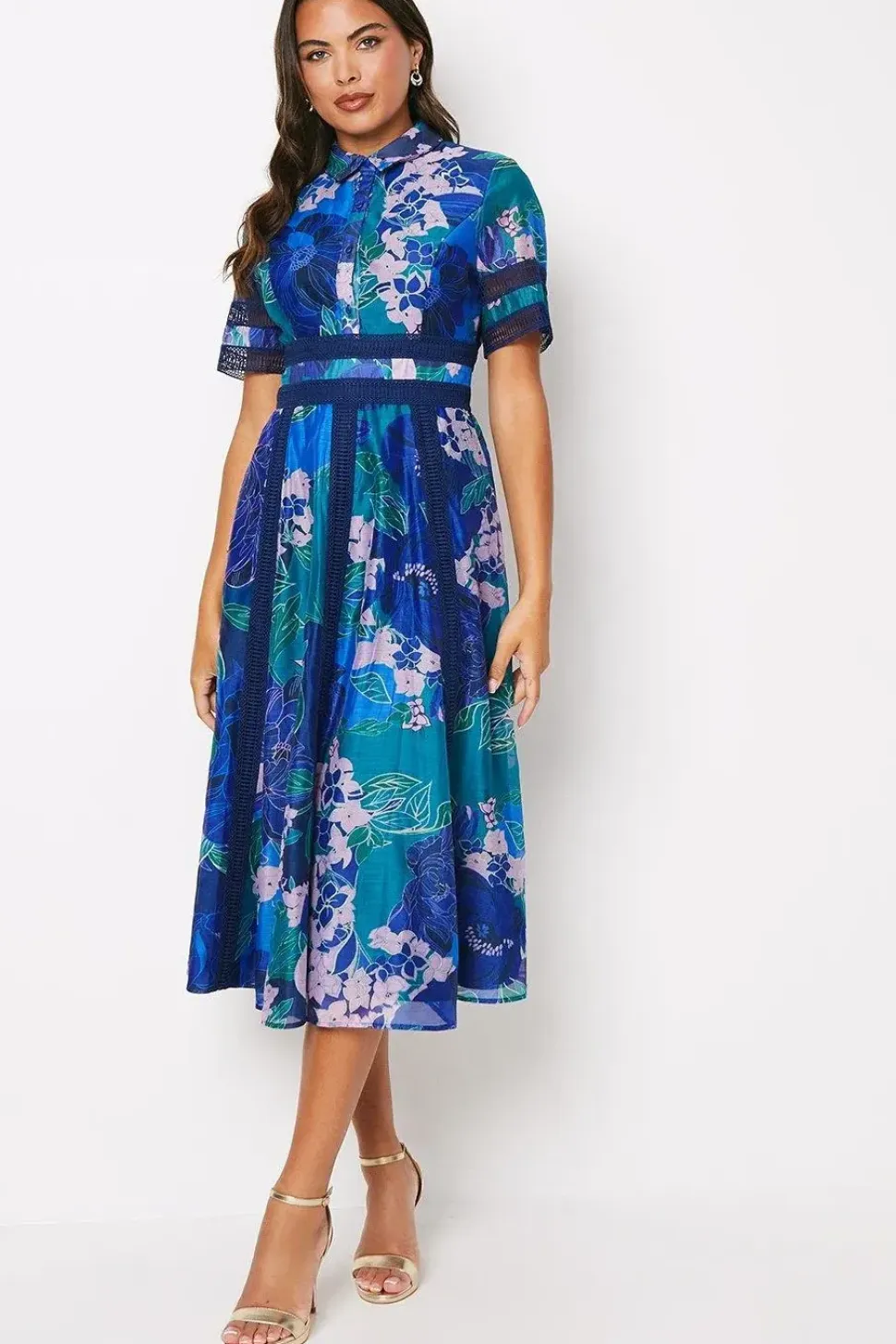 Printed Organza Lace Trim Mix Shirt Dress