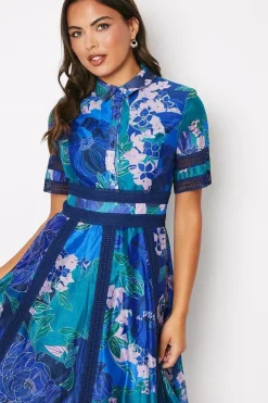 Printed Organza Lace Trim Mix Shirt Dress