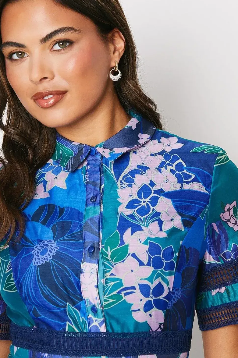 Printed Organza Lace Trim Mix Shirt Dress