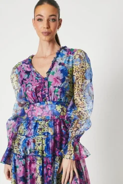 Printed Organza Layer Midi Dress