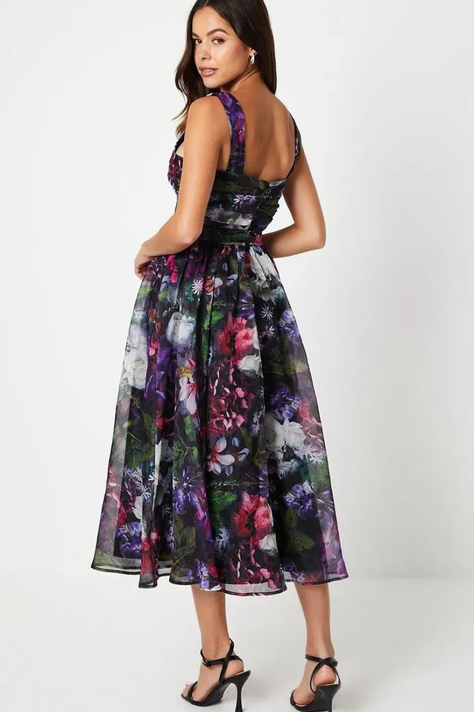 Printed Organza Notch Neck Midi Wedding Guest Dress