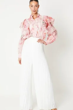Printed Pintuck Ruffle Blouse With Volume Sleeve