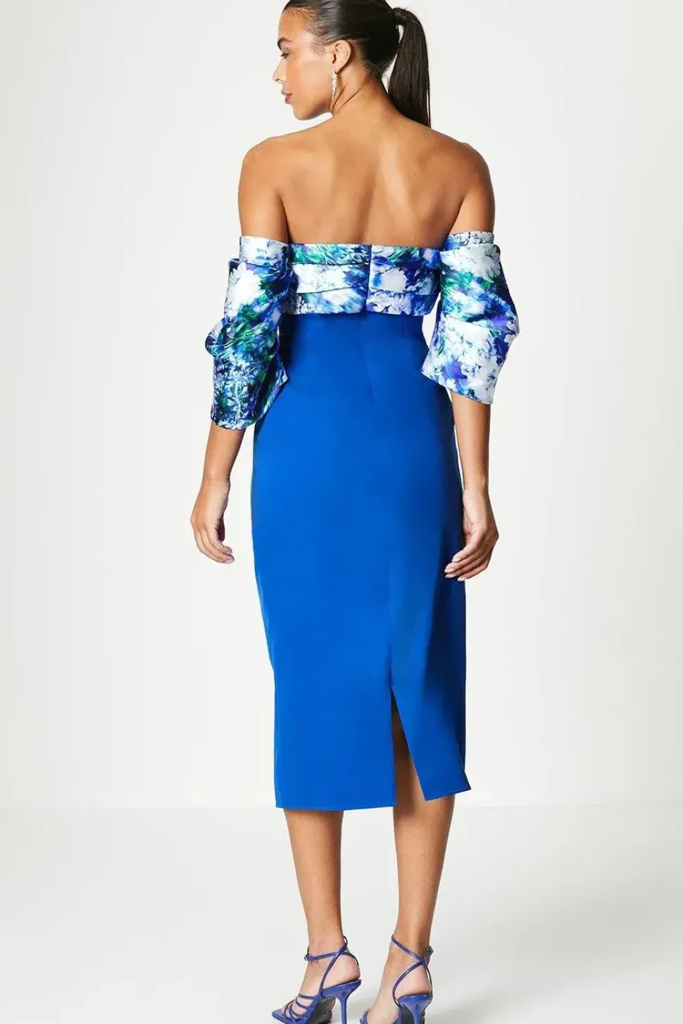 Printed Pleat Bardot Midi Dress