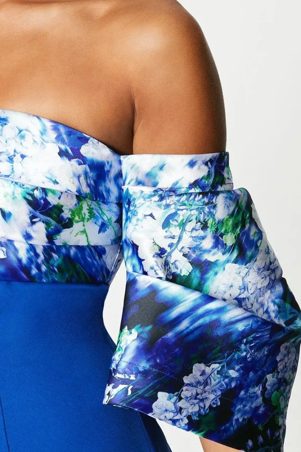 Printed Pleat Bardot Midi Dress