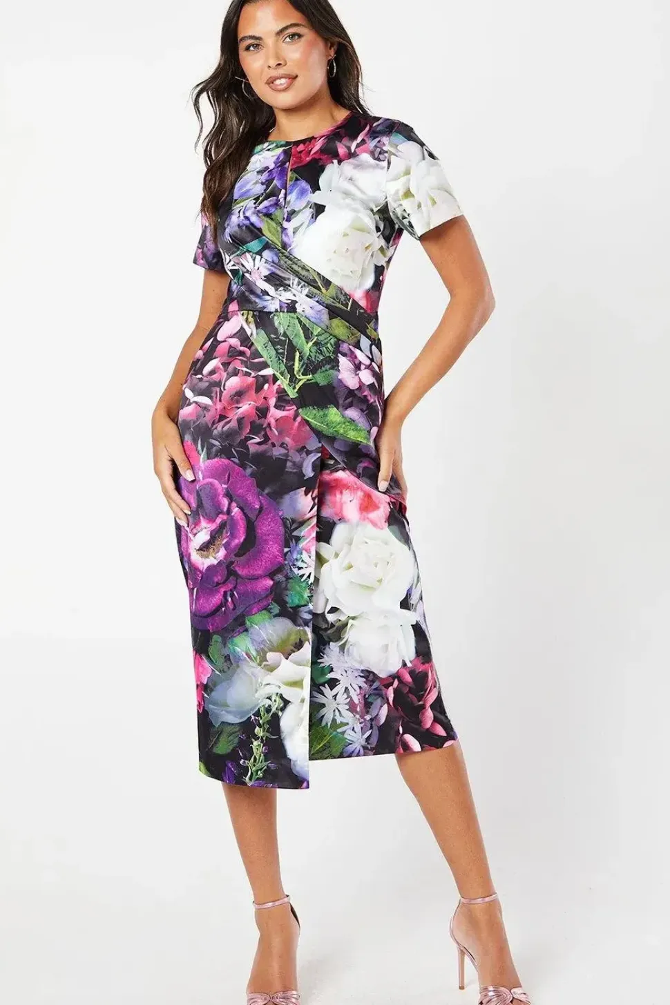 Printed Pleat Detail Wrap Skirt Pencil Midi Wedding Guest Dress
