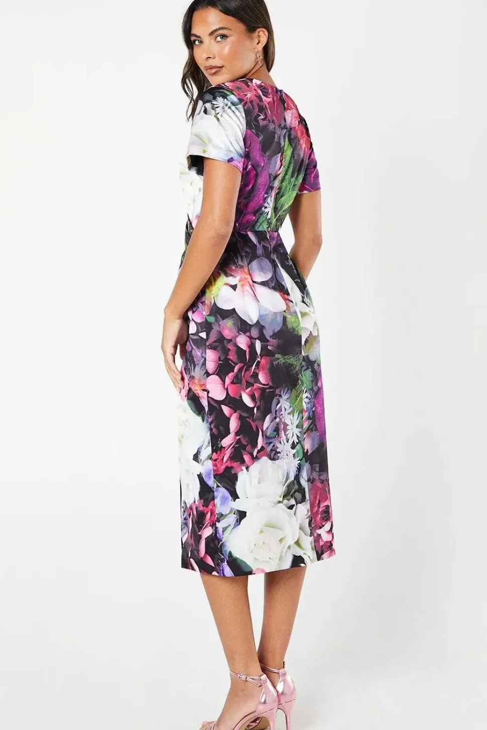 Printed Pleat Detail Wrap Skirt Pencil Midi Wedding Guest Dress