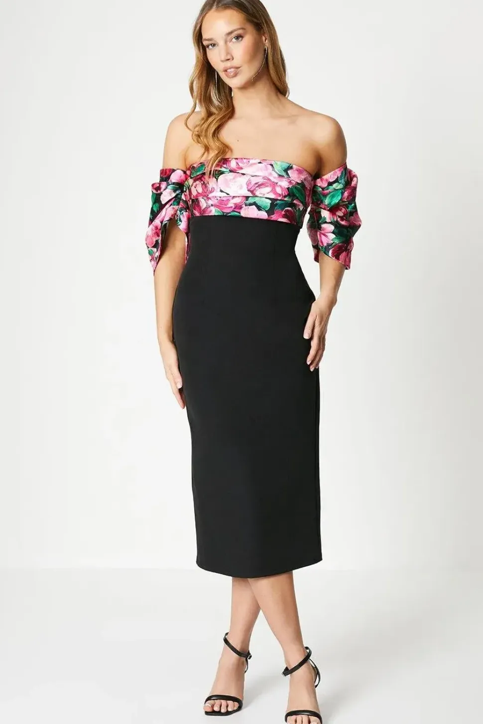 Printed Pleated Bardot Midi Dress