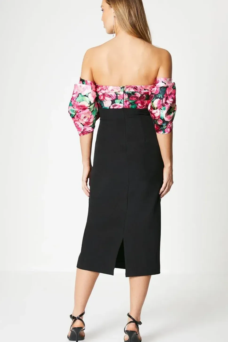 Printed Pleated Bardot Midi Dress