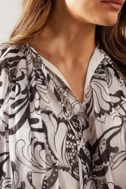 Printed Pleated Blouson Sleeve Blouse