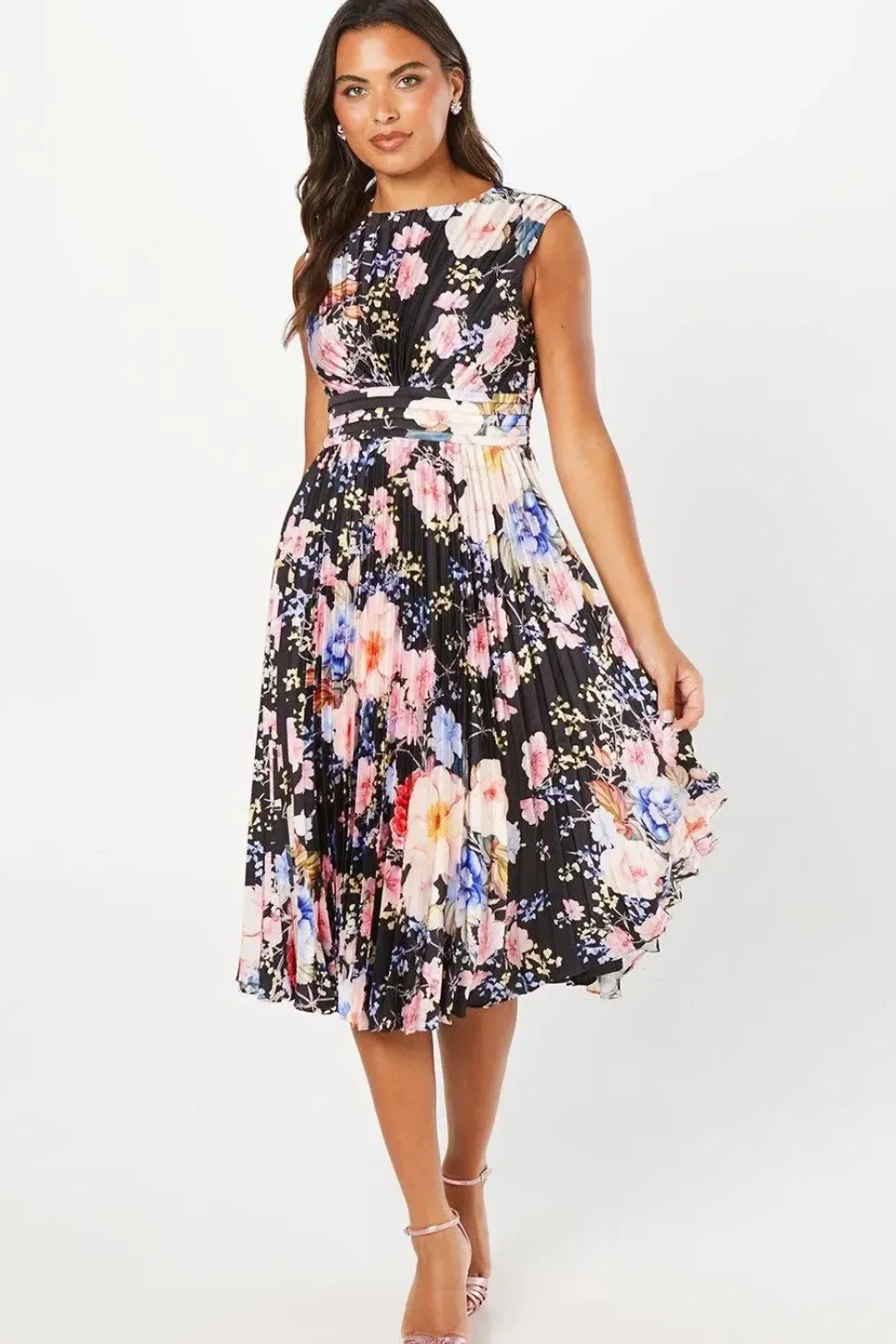 Printed Pleated Satin Midi Wedding Guest Dress