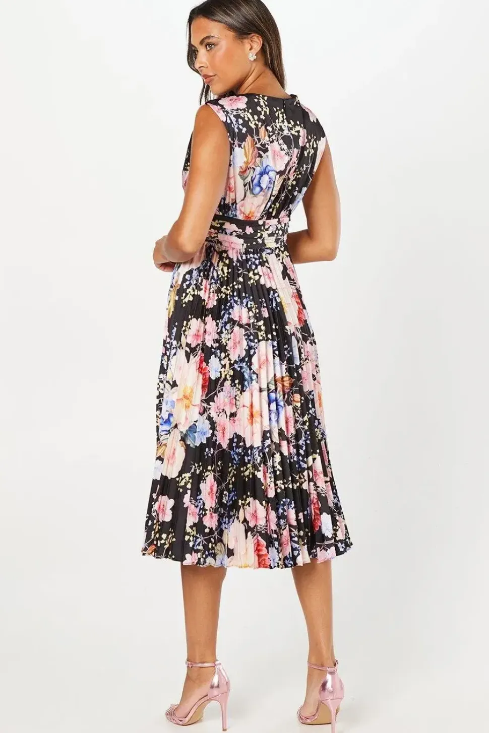 Printed Pleated Satin Midi Wedding Guest Dress
