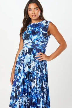 Printed Pleated Satin Midi Wedding Guest Dress