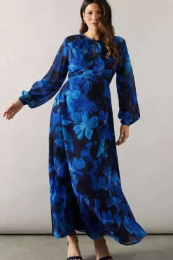 Printed Pleat Keyhole Maxi Dress