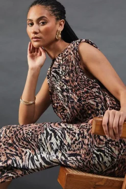 Printed Plisse Shoulder Pad Sleeveless Midi Dress