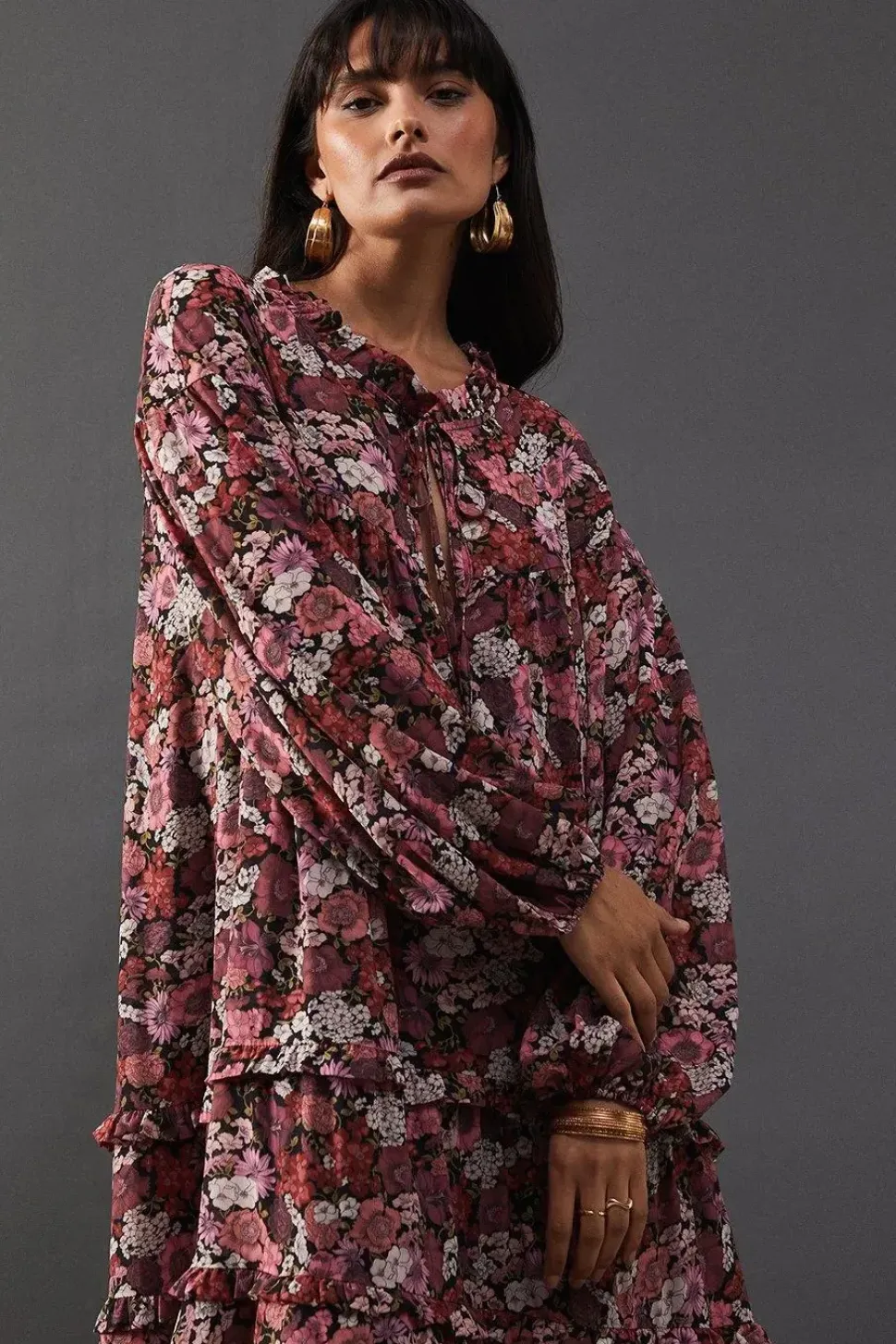 Printed Premium Chiffon Tie Neck Tier Smock Maxi Dress