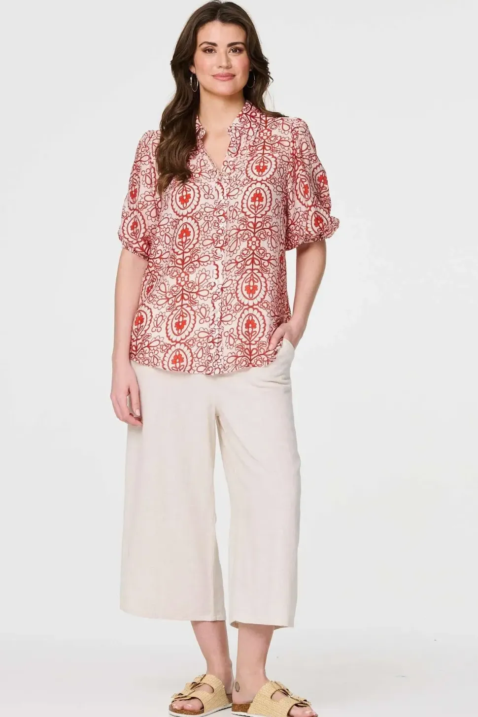 Printed Puff 1/2 Sleeve Button-Up Shirt