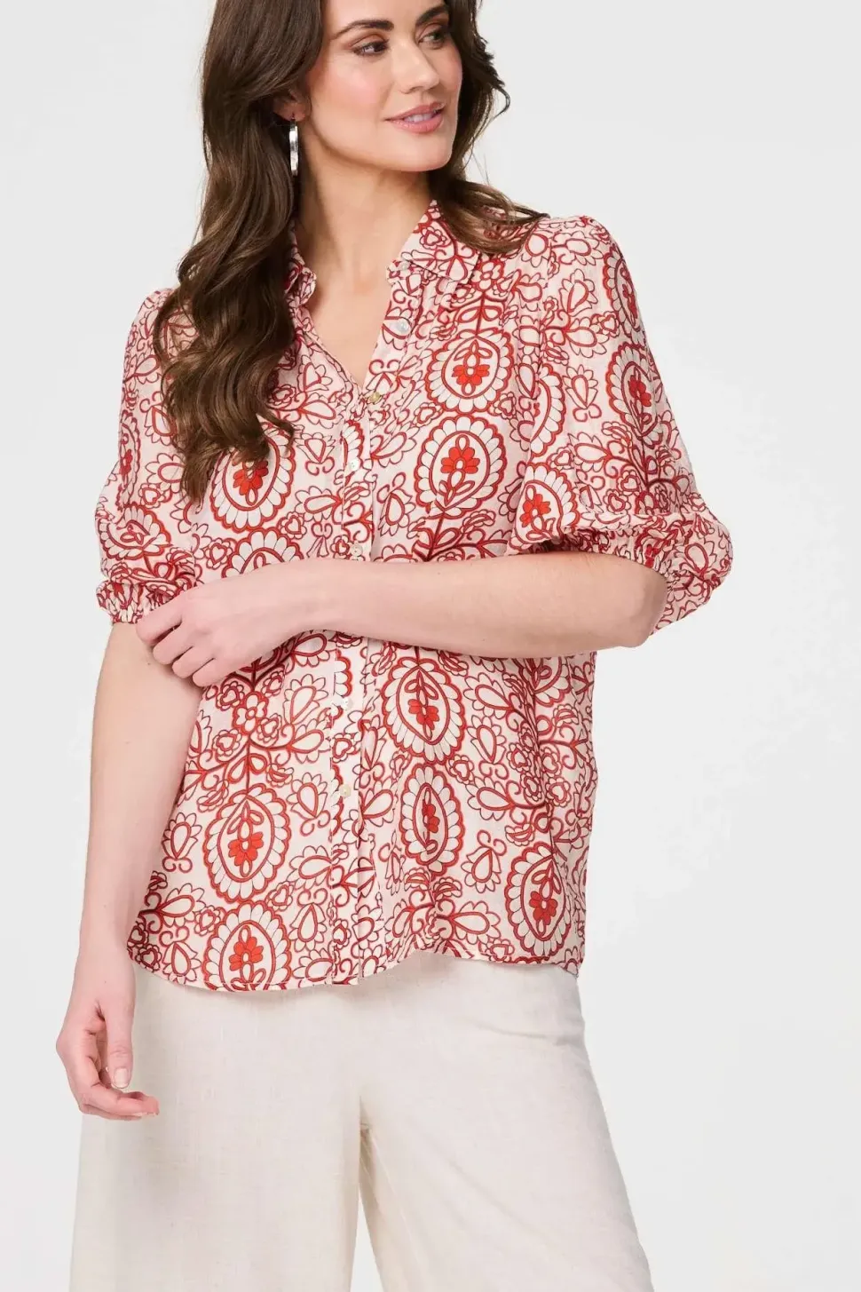 Printed Puff 1/2 Sleeve Button-Up Shirt