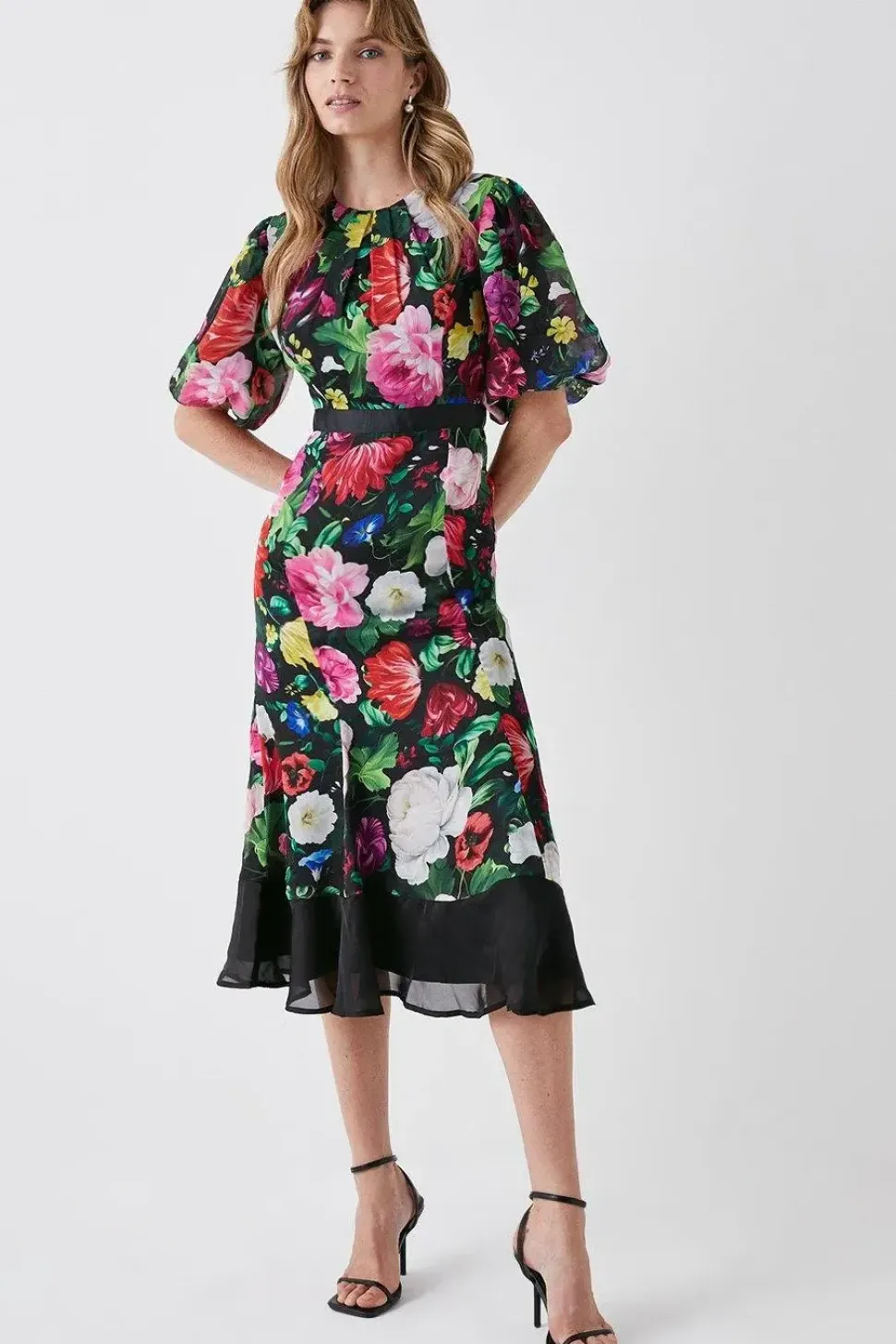 Printed Puff Sleeve Flute Hem Midi Dress
