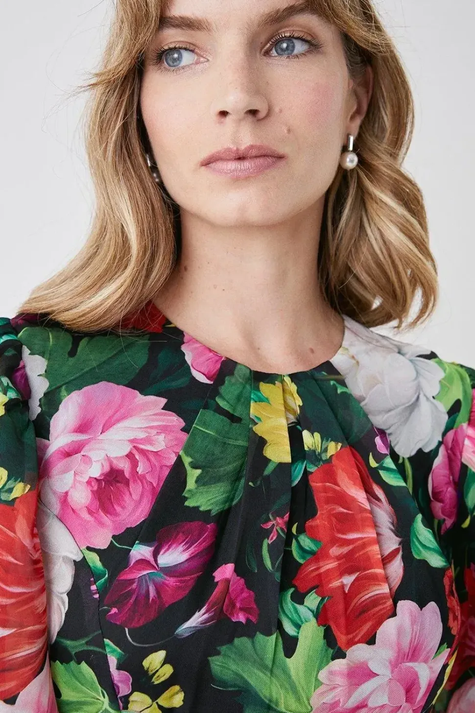 Printed Puff Sleeve Flute Hem Midi Dress