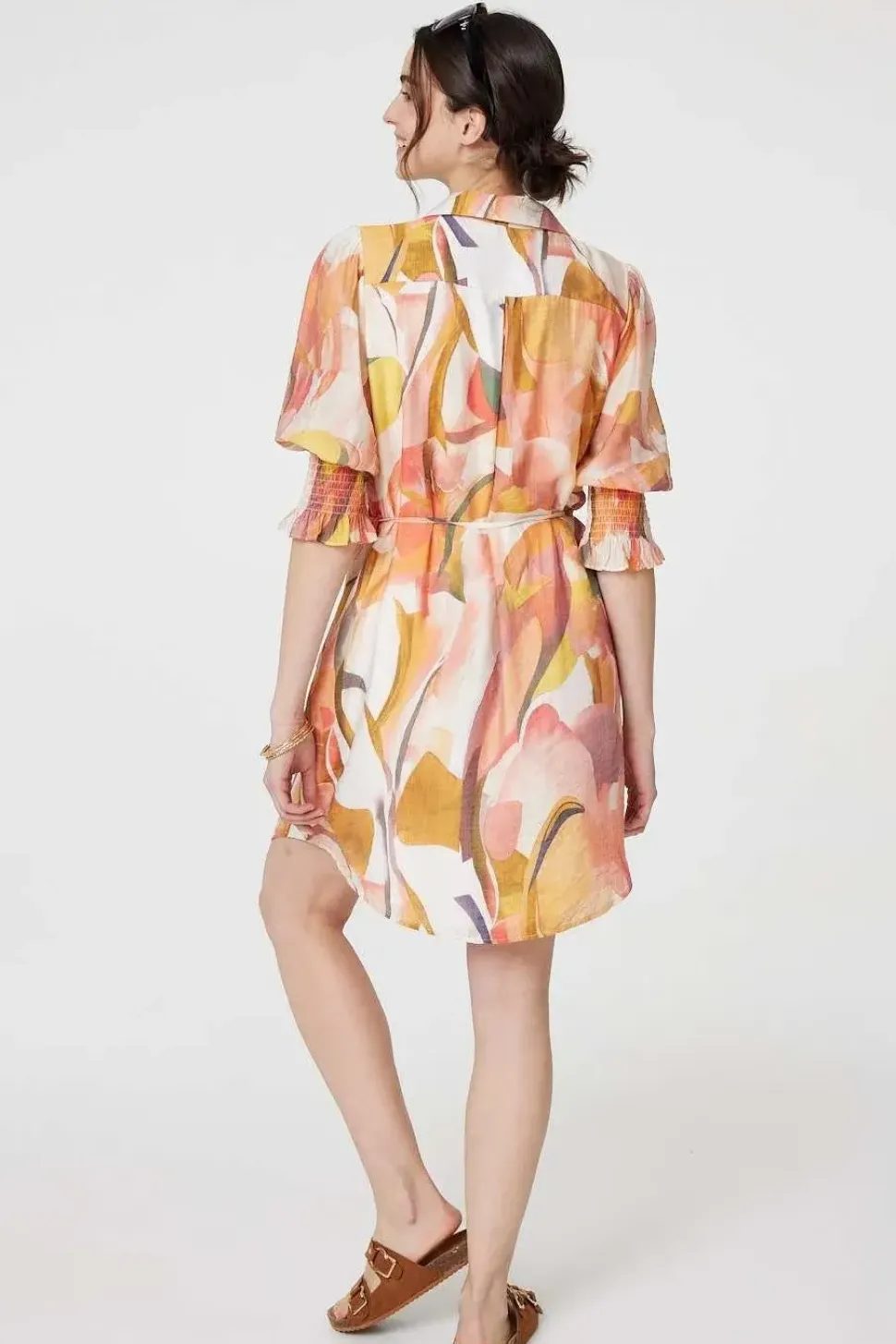 Printed 3/4 Puff Sleeve Shirt Dress