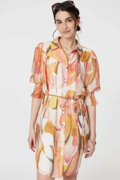 Printed 3/4 Puff Sleeve Shirt Dress