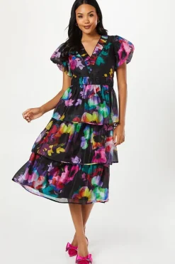 Printed Puff Sleeve Tiered Midi Wedding Guest Dress