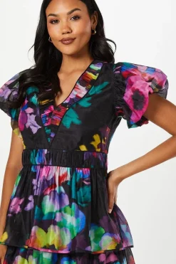 Printed Puff Sleeve Tiered Midi Wedding Guest Dress