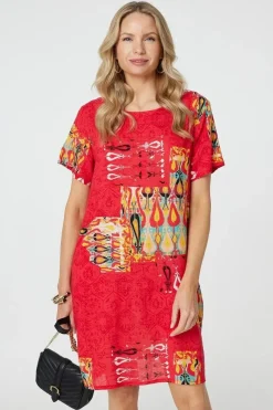 Printed Round Neck Relaxed Shift Dress