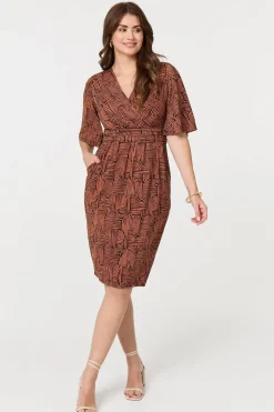 Printed Ruched Faux Wrap Knee Length Dress