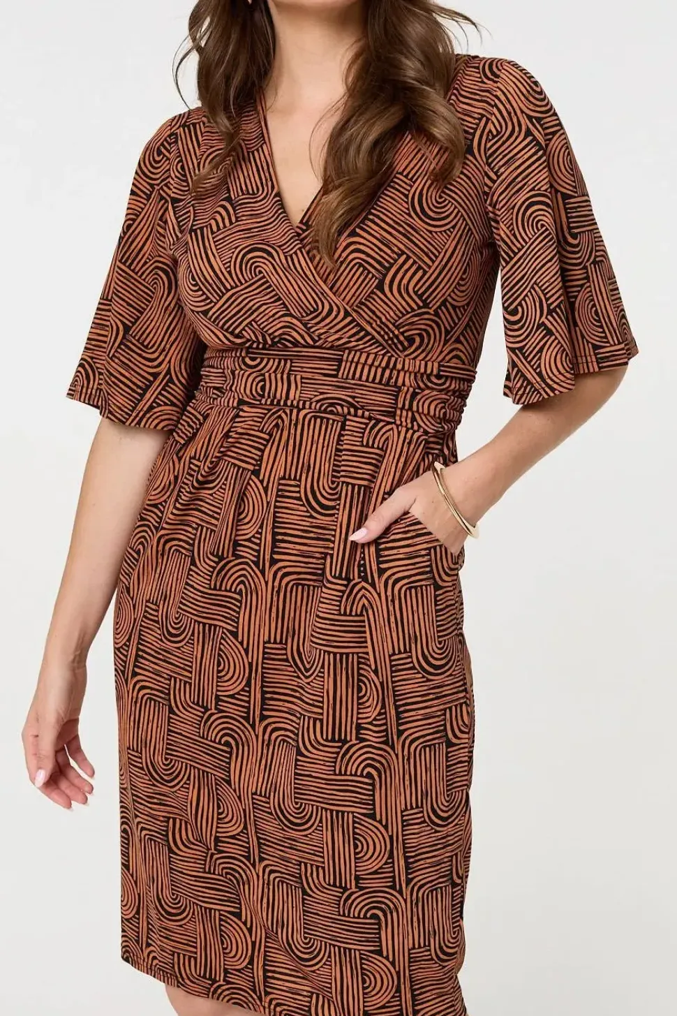 Printed Ruched Faux Wrap Knee Length Dress