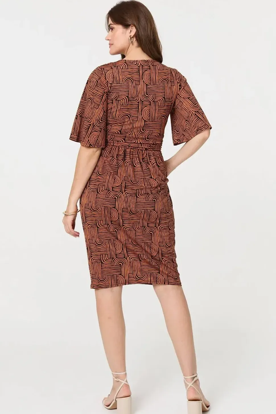 Printed Ruched Faux Wrap Knee Length Dress
