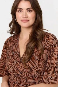 Printed Ruched Faux Wrap Knee Length Dress