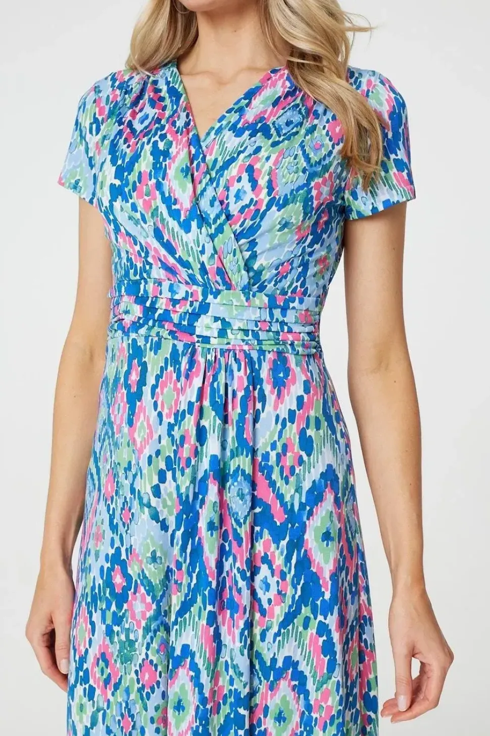 Printed Ruched Faux-Wrap Midi Dress