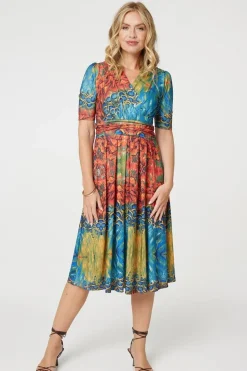 Printed Ruched Waist Faux Wrap Midi Dress