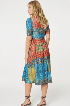 Printed Ruched Waist Faux Wrap Midi Dress