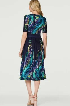 Printed Ruched Waist Midi Dress