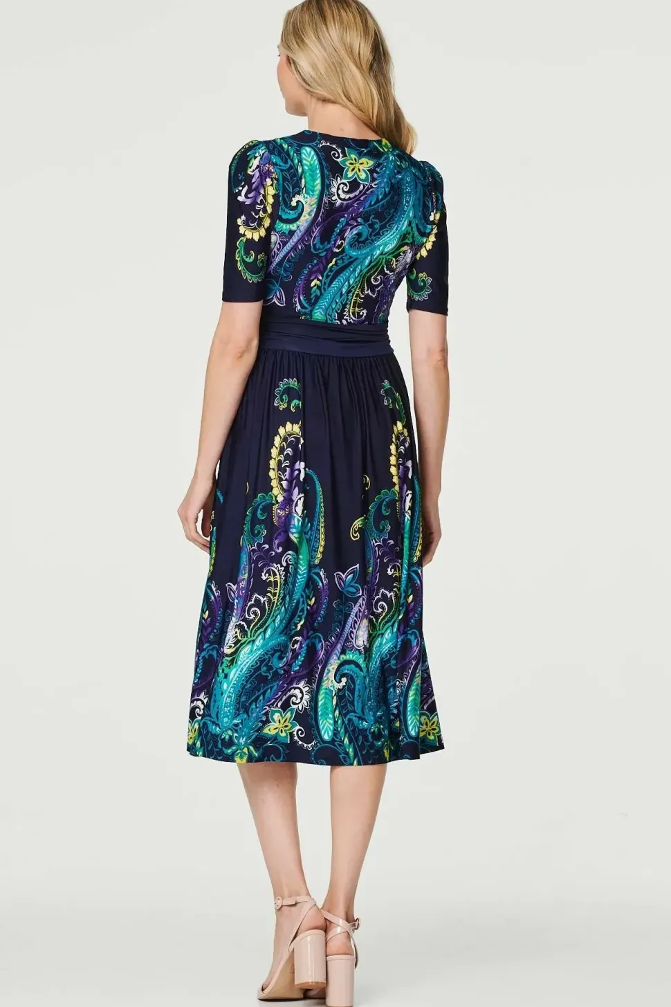 Printed Ruched Waist Midi Dress
