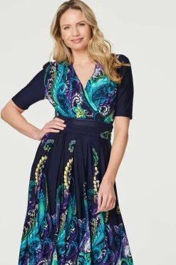 Printed Ruched Waist Midi Dress