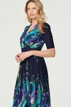 Printed Ruched Waist Midi Dress