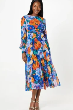 Printed Ruffle And Pleated Midi Wedding Guest Dress With Blouson Sleeve