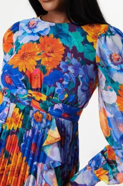 Printed Ruffle And Pleated Midi Wedding Guest Dress With Blouson Sleeve