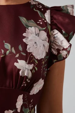 Printed Ruffle Angel Sleeve Crepe Bridesmaid Maxi Dress