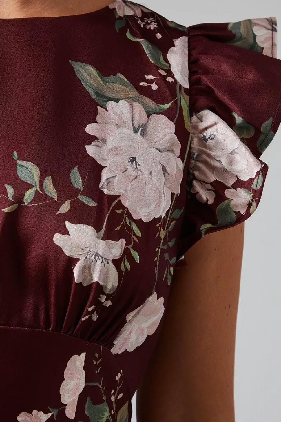 Printed Ruffle Angel Sleeve Crepe Bridesmaid Maxi Dress