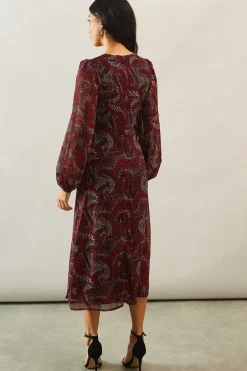 Printed Ruffle Detail V Neck Midi Dress