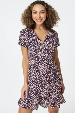Printed Ruffle Front Wrap Dress