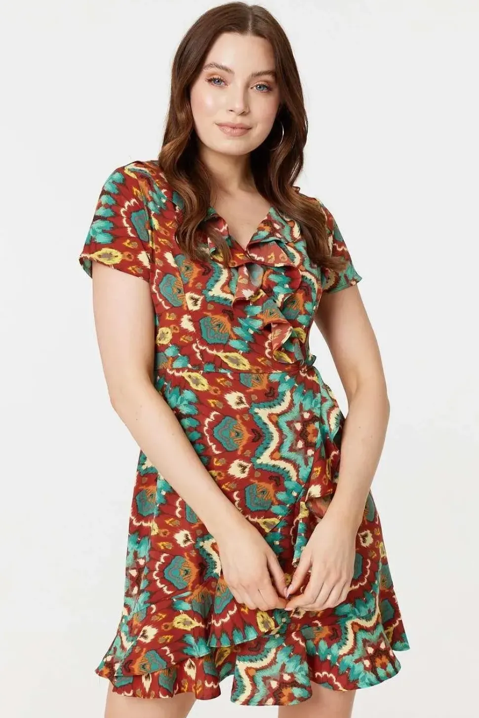 Printed Ruffle Front Wrap Dress