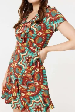 Printed Ruffle Front Wrap Dress